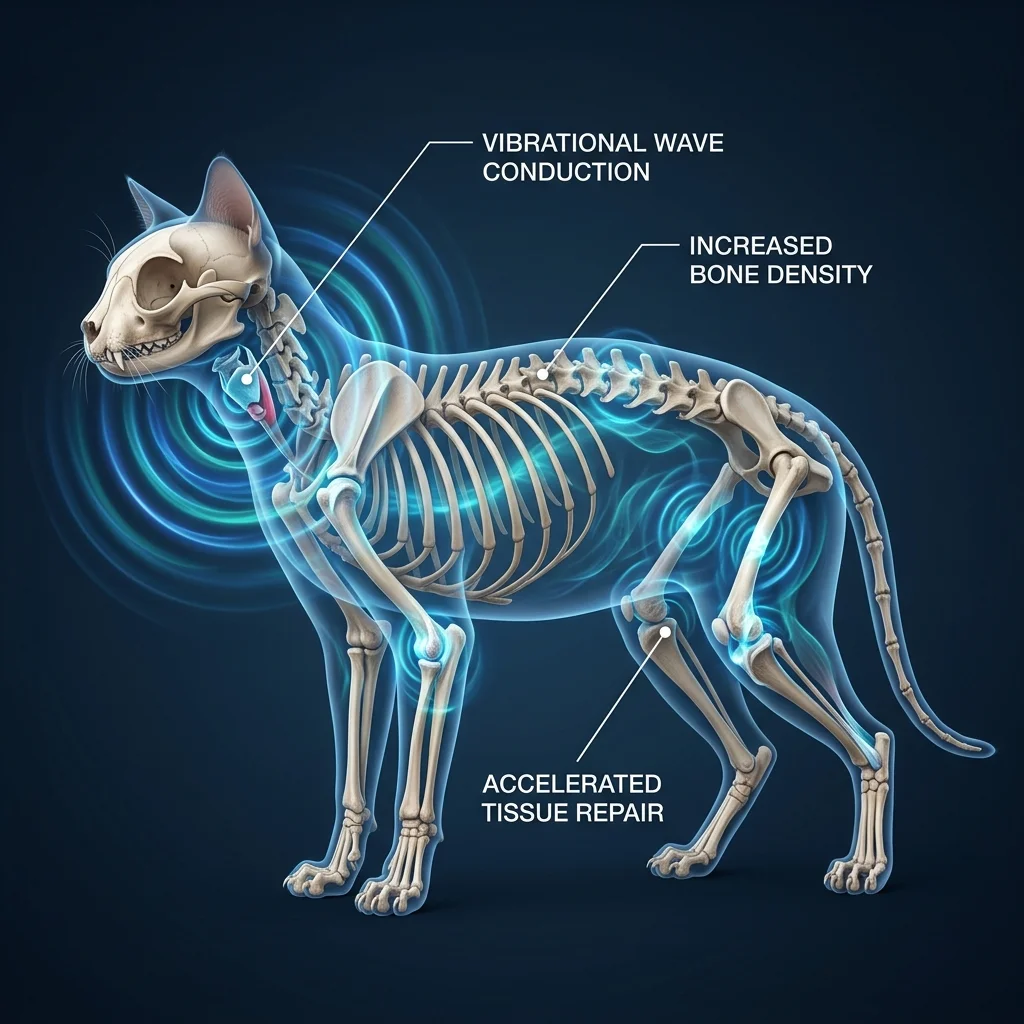 Diagram illustrating the feline skeletal system and how purr vibrations travel through bone