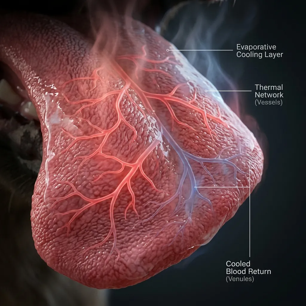 Diagram illustrating the massive vascular blood flow inside a dog's tongue and how rapid evaporation chemically chills the blood
