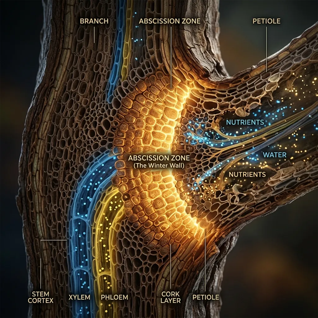 Diagram illustrating the formation of the corky abscission zone at the precise base of the stem blocking water
