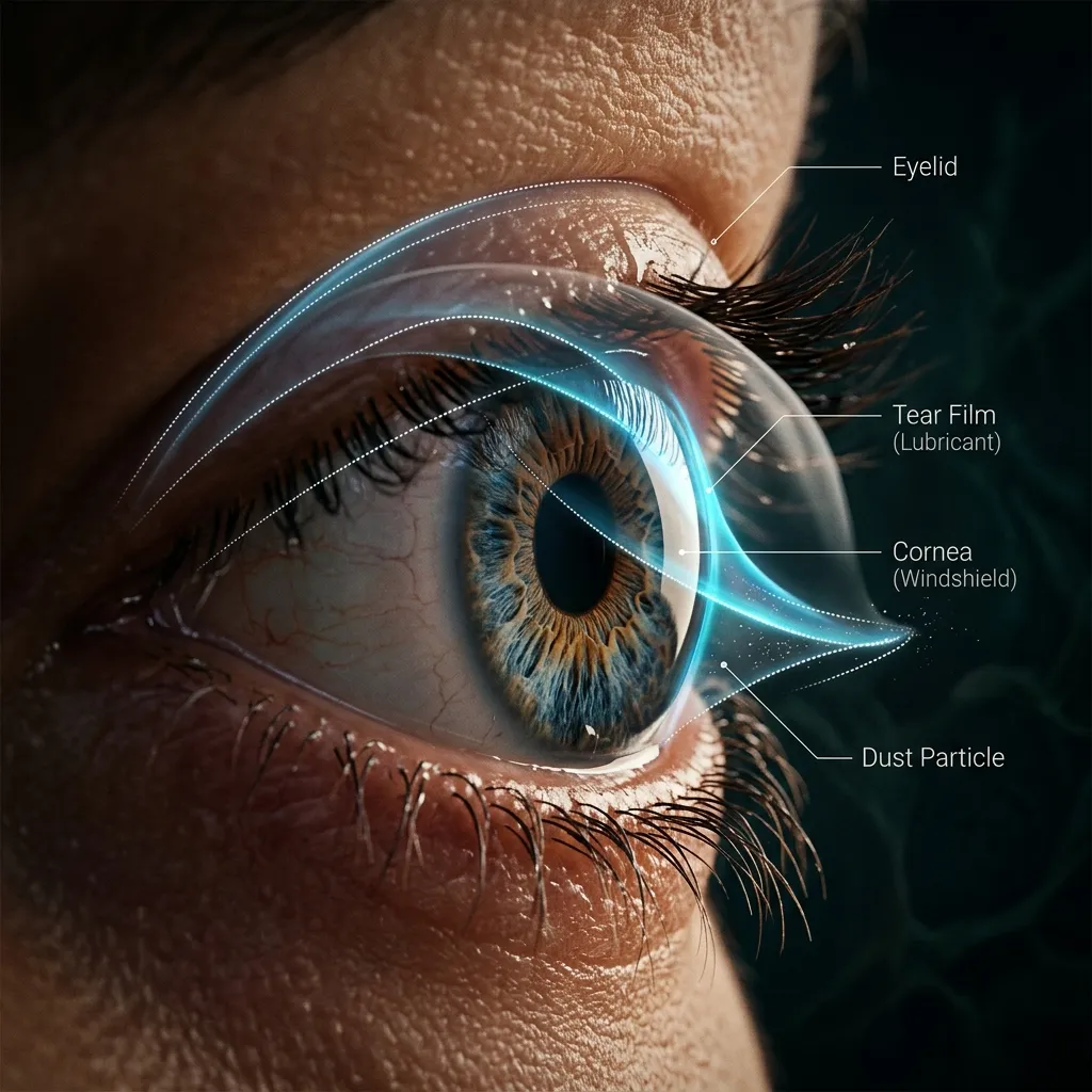 An elegant scientific diagram illustrating the 'Windshield Wiper' metaphor, comparing the eyelid's sweeping motion to a car's wiper