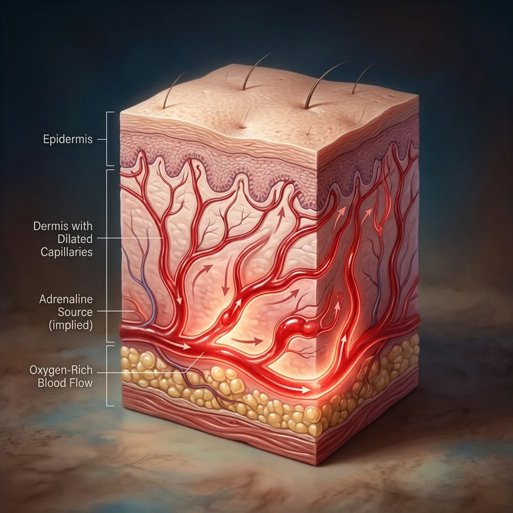 Diagram illustrating adrenaline-based vasodilation of blood vessels in the human cheek