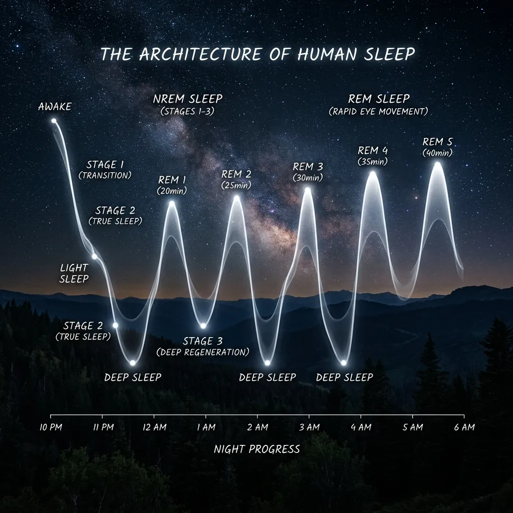 A cinematic documentary-style visualization of the human sleep cycle charting the descent into REM