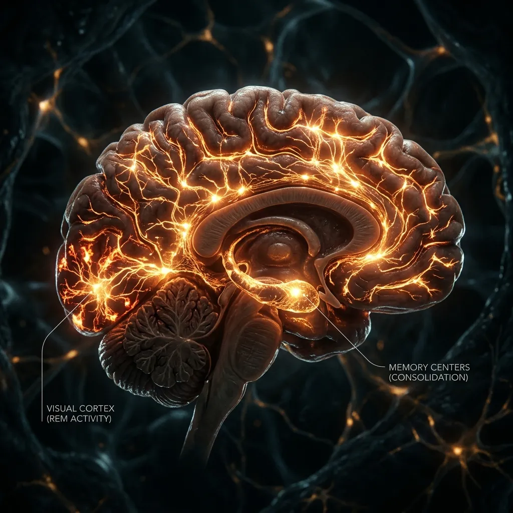 A cinematic representation of the active, glowing human brain during REM sleep