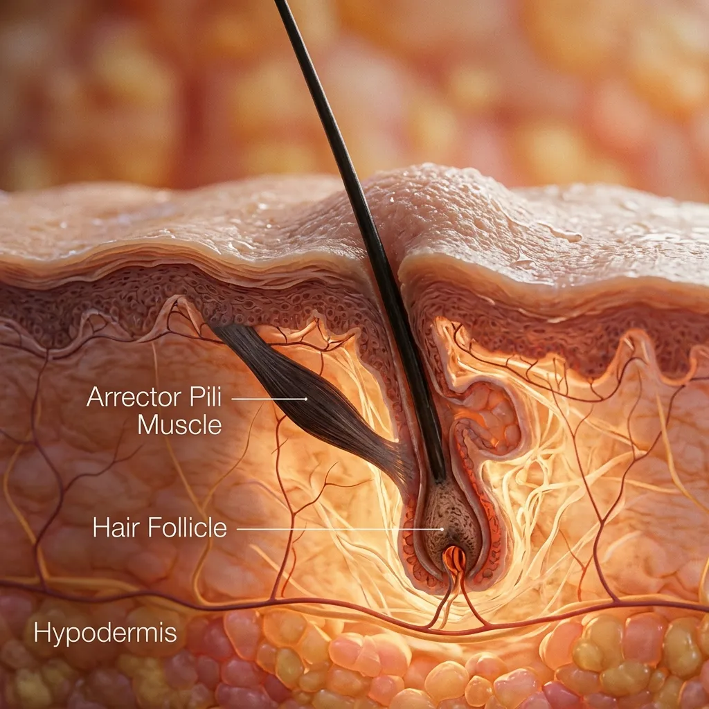 A cinematic cross-section of human skin showing the Arrector Pili muscle pulling a hair upright