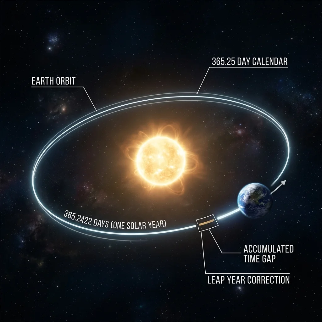 Diagram illustrating Earth's orbit and the exact 365.24 day fraction requiring calendar correction