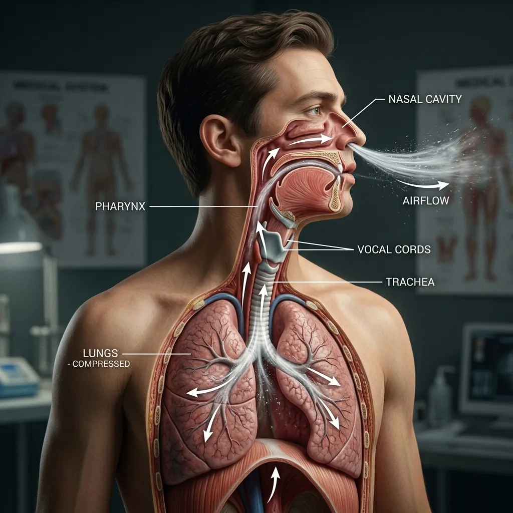 A beautiful, cinematic documentary-style medical illustration showing compressed lungs and pressurized air blasting out through the nose