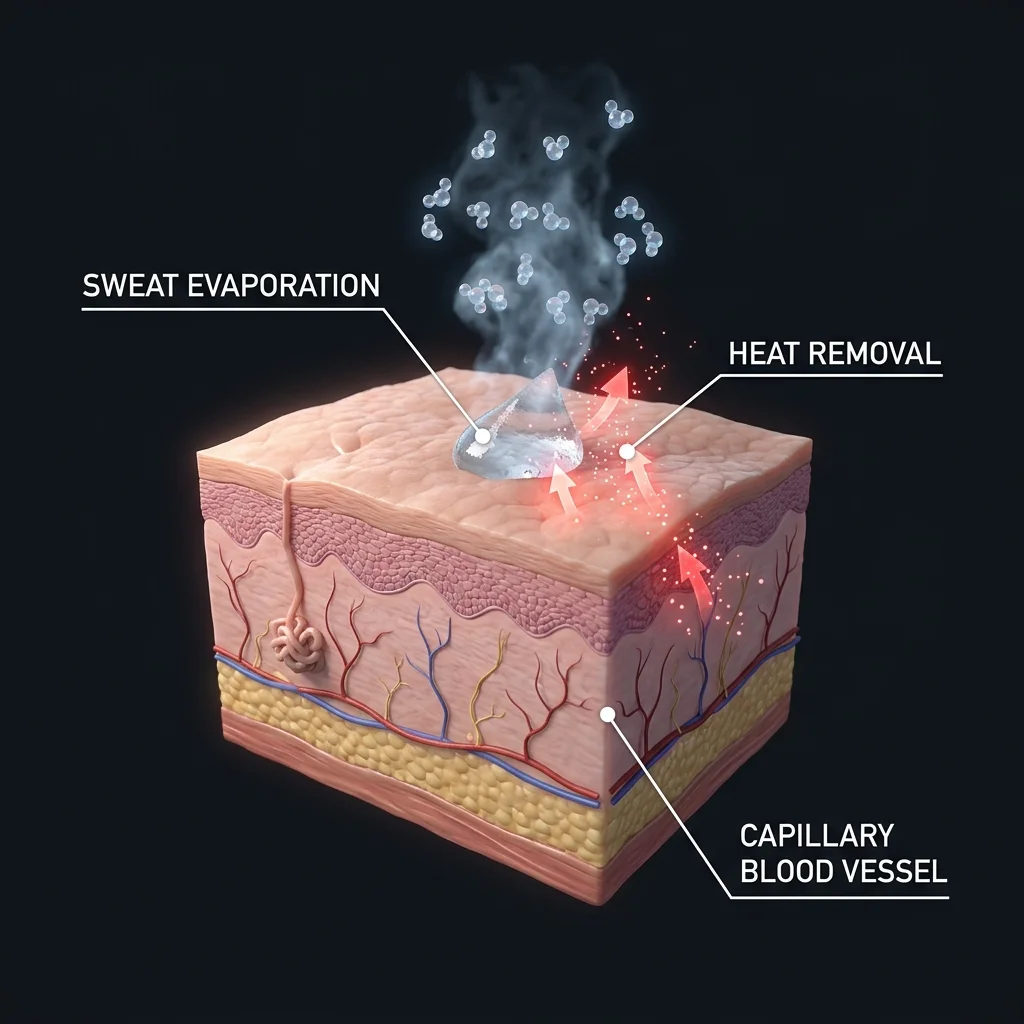 Diagram illustrating the thermodynamics of sweat evaporation removing heat from blood vessels near the skin