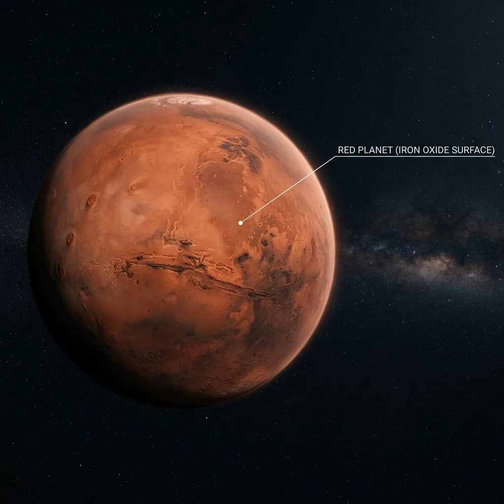 A cinematic visualization of the planet Mars covered in red iron oxide dust