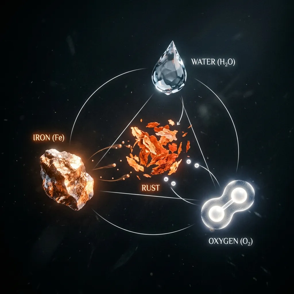 A cinematic visualization of the Rust Triangle: Iron, Water, and Oxygen