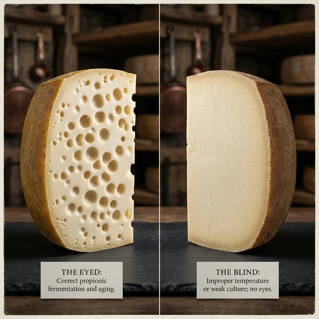 Diagram illustrating the difference between a properly eyed Swiss cheese and a blind cheese block