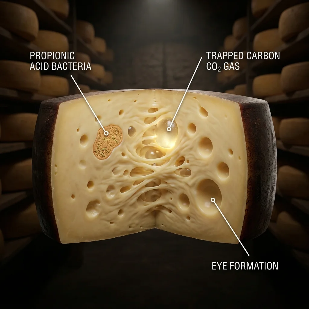 Diagram illustrating bacteria producing carbon dioxide bubbles inside a block of Swiss cheese