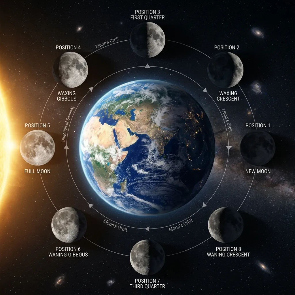 Diagram illustrating the phases of the moon and angles of sunlight