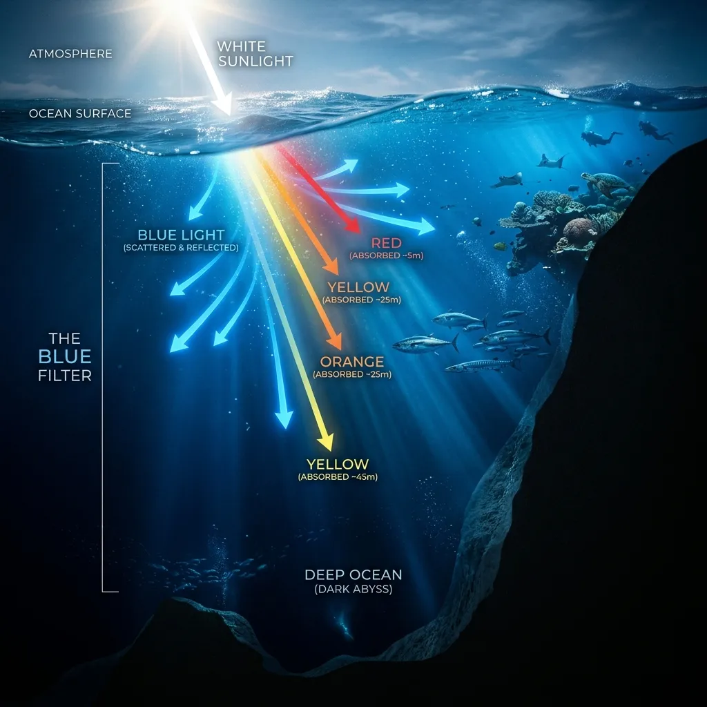 Diagram illustrating the absorption of red light and scattering of blue light in deep ocean water
