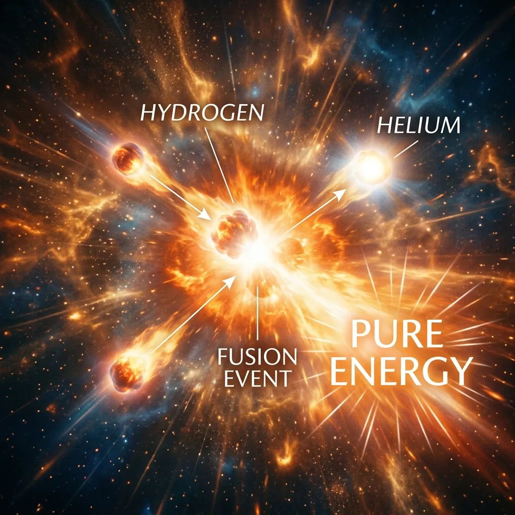 A beautiful cinematic illustration of two Hydrogen atoms colliding to create a Helium atom and pure energy