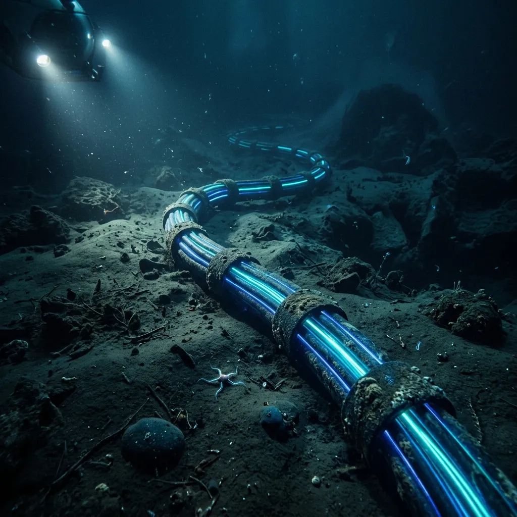 A breathtaking cinematic photograph looking deep into the ocean at thick, glowing fiber-optic cables resting on the sand