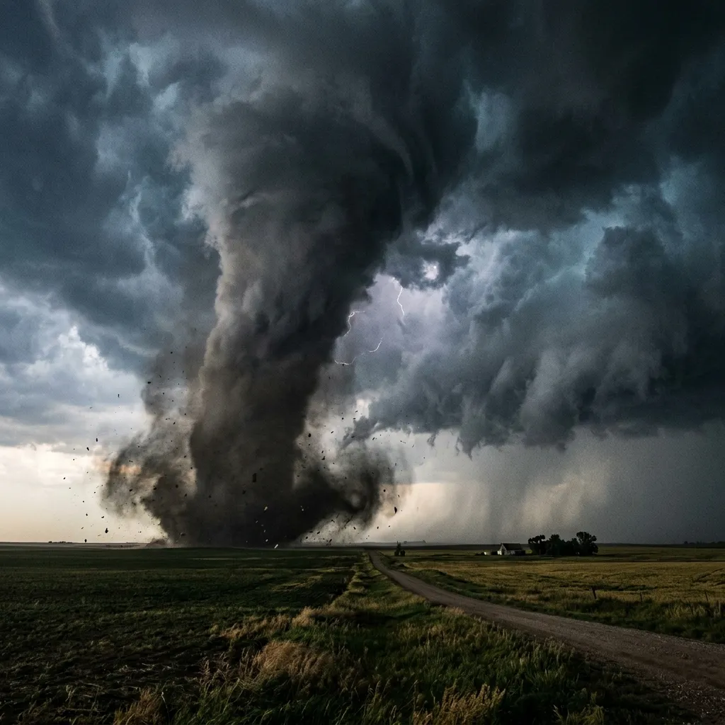 A breathtaking cinematic photograph of a massive dark tornado vortex touching down in a Kansas field